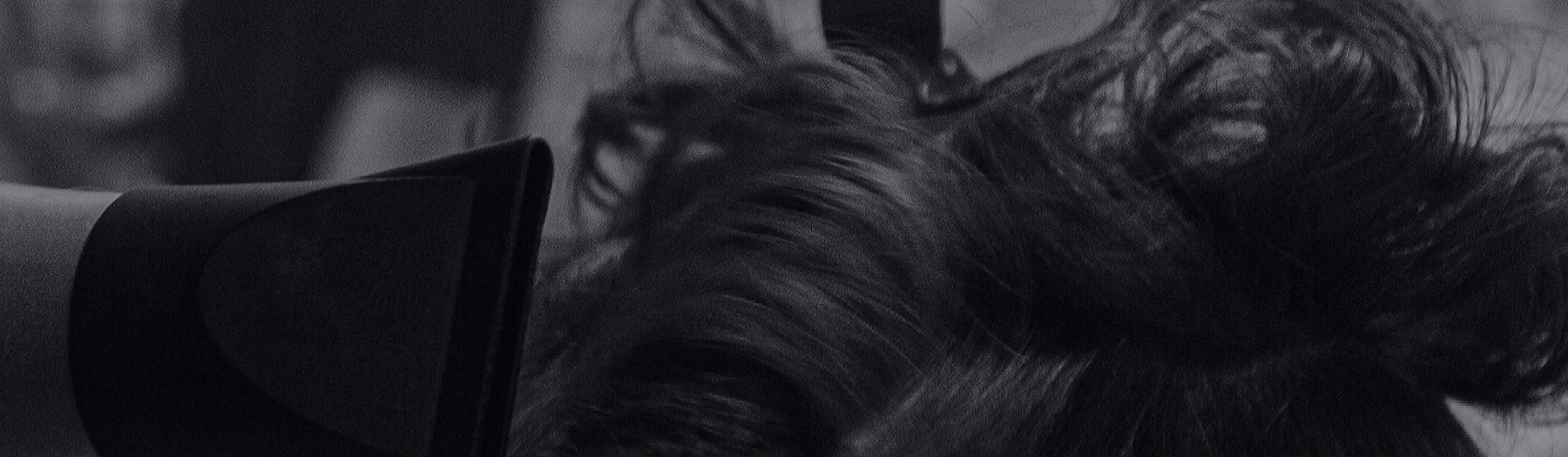 Stylist blow-drying a client's hair, black-and-white salon scene